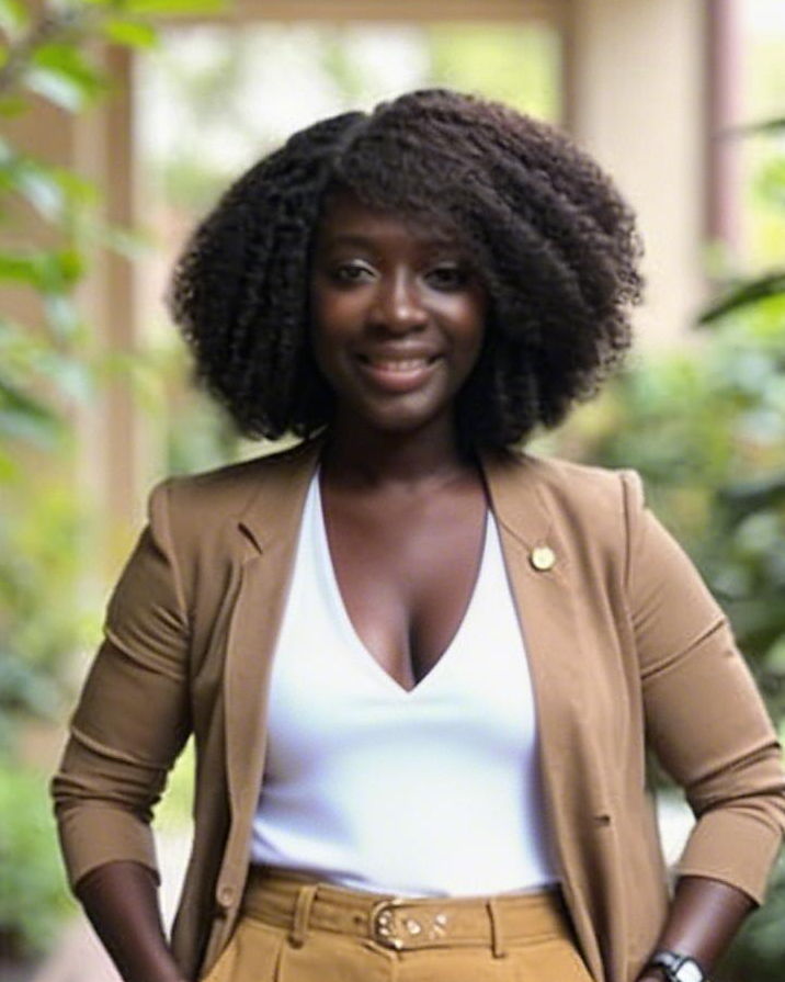 Maty Mariko standing in a garden walkway, camel blazer over a white top and ochre trousers, looking straight at the camera.
